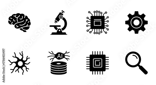 Set of science and technology icons featuring brain, microscope, and ai