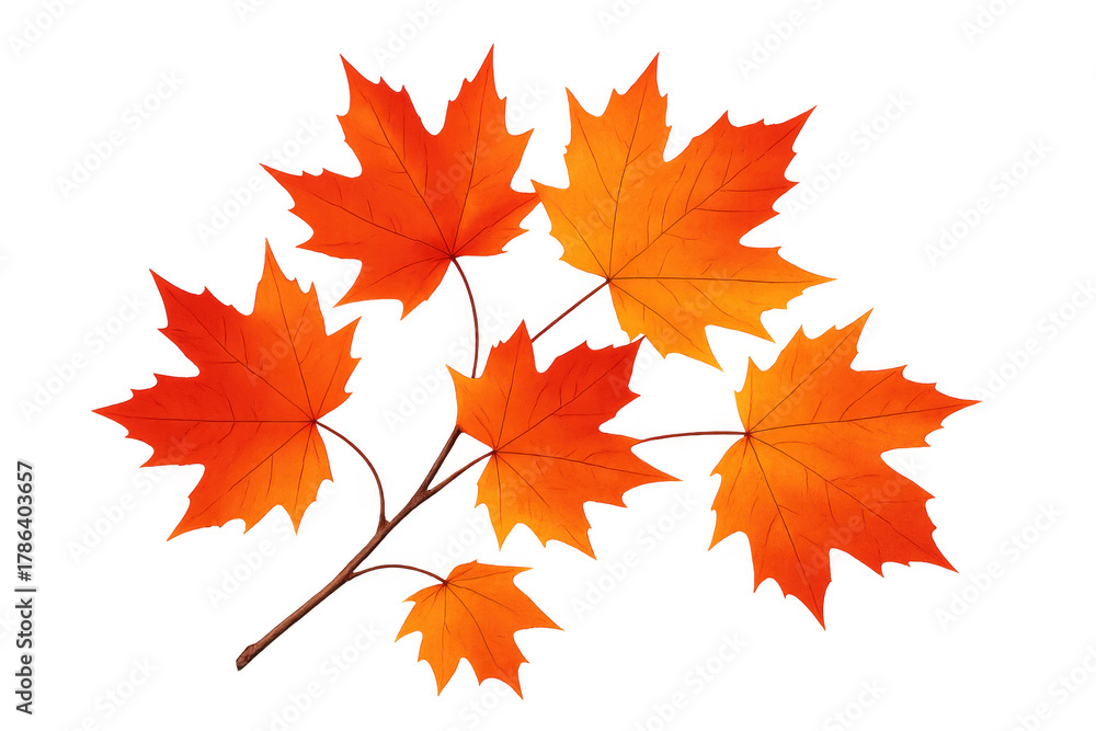 Fototapeta premium Maple leaves changing colors on a branch, featuring bright orange and red hues representing autumn season, with a transparent background