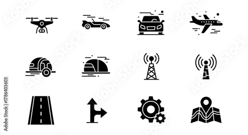Transportation and technology icons in modern silhouette style