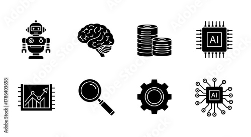 Artificial intelligence technology icons: robotics, brain, data, microchip