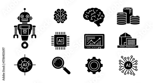 Futuristic technology: ai robotics and data icons in silhouette style