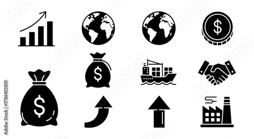 Business and economy icons: growth, trade, and global finance in black and white silhouette