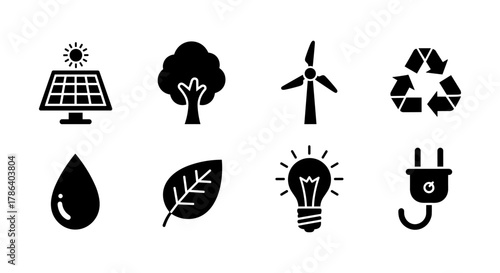Sustainable energy and environment icons in minimalist silhouette design