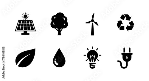 Eco icons set featuring solar panel, tree, wind turbine, and recycling symbol