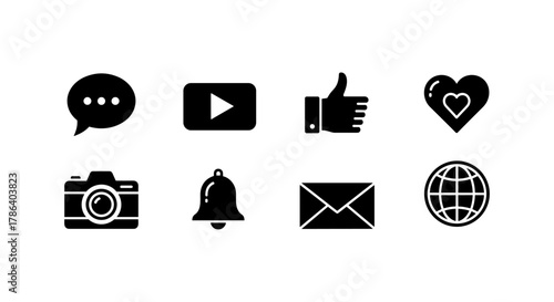 Basic social media icons set: communication, multimedia, and interaction symbols in black silhouette