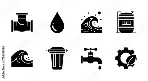 Essential water conservation icons: modern silhouette set for sustainable living