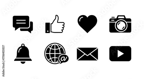 Set of eight black icon symbols representing communication and media concepts