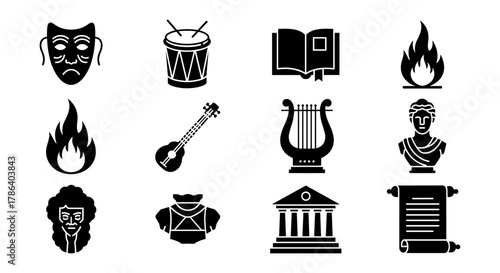 Classic art and music icons in black silhouette style