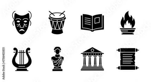 Classical theater and cultural symbols in black silhouette style