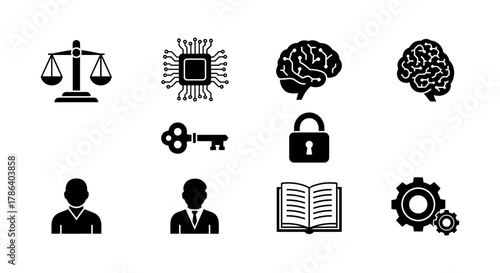 Set of black icons representing technology, justice, security, and knowledge themes