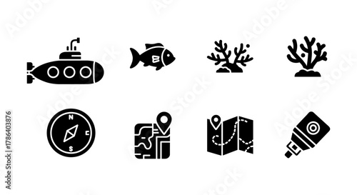 Nautical exploration icons set featuring submarine, fish, coral, compass, map