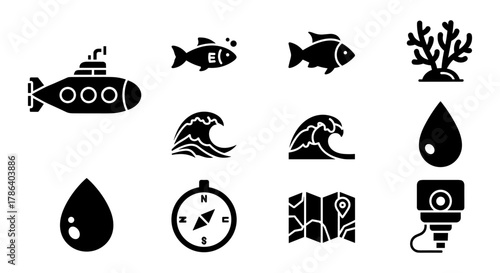 Marine exploration icons: submarine, aquatic life, waves, navigation, renewable energy