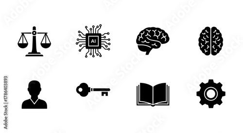 Silhouette icons set: ai, brain, scale, key, book, gear, human profile