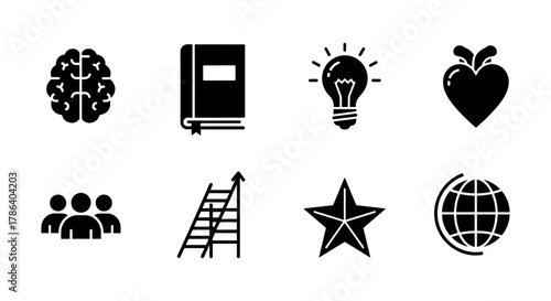 Silhouette icons of brain, book, idea, heart, team, ladder, star, globe