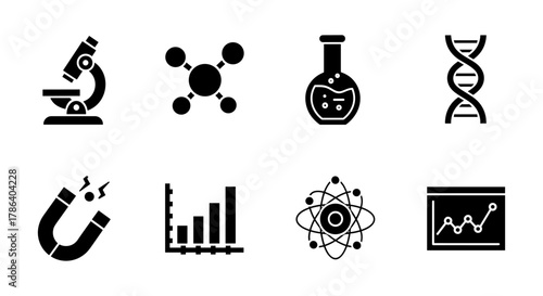 Black and white science icons set featuring microscope, molecule, and dna