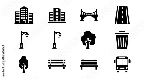 Urban icon set: buildings, bridges, and transportation elements in silhouette style