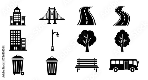 Cityscape silhouette icons: buildings, bridges, roads, trees, bench, bus, trash cans, lamp