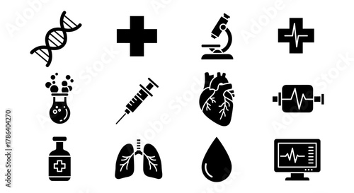Medical icons set: dna, heart, lungs, microscope, syringe