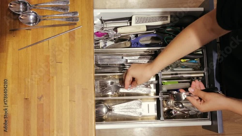 A teenager is sorting and organizing clean metal utensils into a kitchen drawer after washing dishes, showing tidiness and daily household routine in a modern kitchen environment