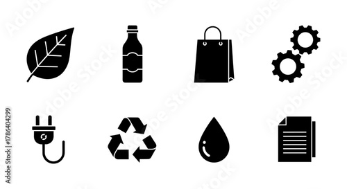 Eco-friendly icons set: sustainability, recycling, and renewable energy symbols in black silhouette