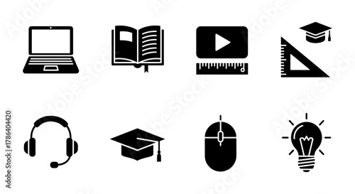 Silhouette icons of online education tools and resources