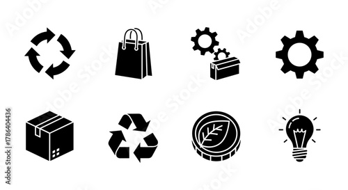 Eco-friendly icon set featuring recycling, shopping, and green energy symbols