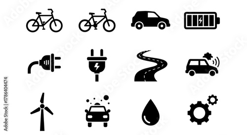 Sustainable transport and energy icons: eco-friendly vehicles and renewable power symbols