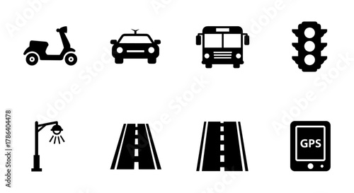 Urban transportation icons: scooter, car, bus, traffic light, and more in silhouette style