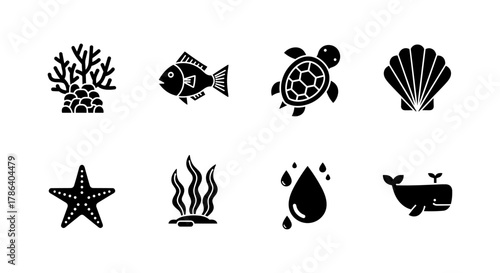 Marine silhouette icons: sea creatures and ocean elements in black and white design