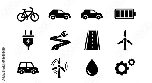 Eco-friendly transportation icons: bicycles, electric cars, and renewable energy symbols