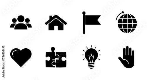 Essential icon set: home, community, and innovation silhouettes for modern design