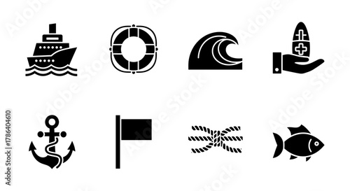 Nautical icons set: ship, anchor, fish, and waves in bold silhouette style