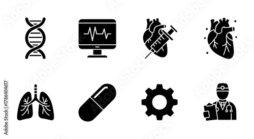 Medical and healthcare icons set featuring heart, dna, and medical equipment