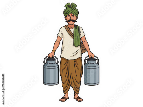Traditional indian milkman character with full milk cans on both sides