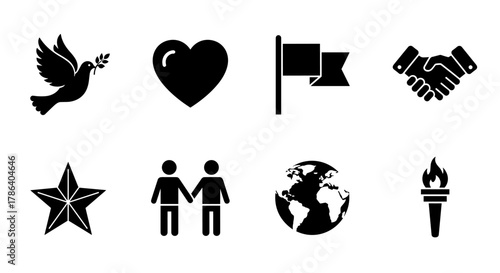 Peace and unity icons: dove, heart, flag, handshake, star, friends, earth, torch