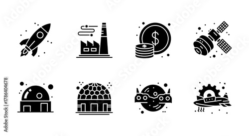 Futuristic black and white icons: spacecraft, satellite, and industrial elements