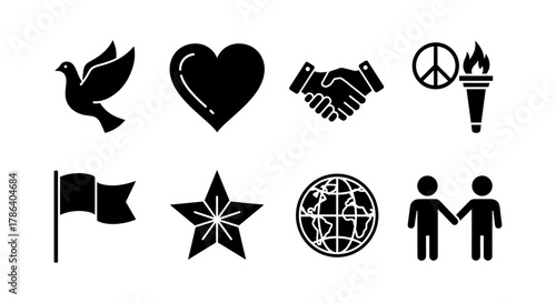Peace and unity symbols: dove, heart, handshake, torch, flag, star, globe, people icons