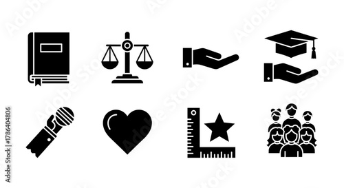 Silhouette icons: education, law, charity, graduation, communication, love, measurement, community