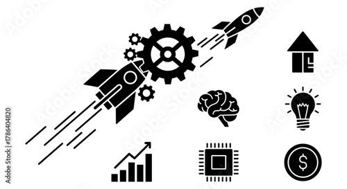 Innovative technology concepts with rockets, gears, and brain icons in silhouette style