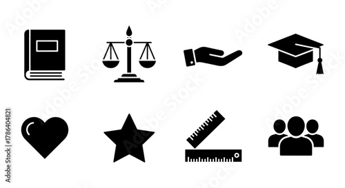 Education and justice icons: book, scales, hand, cap, heart, star, ruler, group symbols in black silhouette