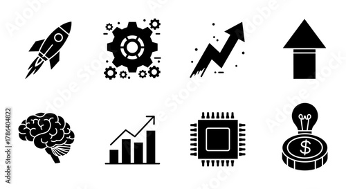 Dynamic business and technology icons in bold black silhouette style