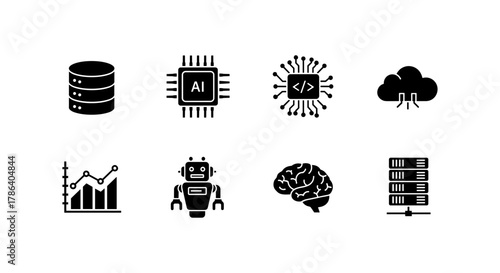 Technology icons set: ai, cloud, data, and robotics in simple design
