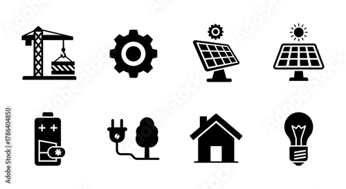 Renewable energy icons set featuring solar panels and eco-friendly symbols in silhouette style