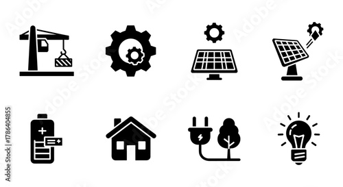 Renewable energy icons: solar panels, batteries, and eco-friendly solutions