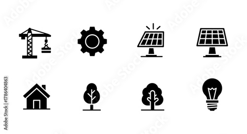 Black silhouette construction, solar energy, and nature icons set