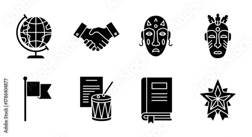 Black and white icons of global culture, business, and education