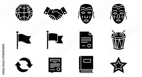Stylized icons: global, business, culture, and more in bold silhouettes