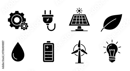 Sustainable energy and eco-friendly technology icons in bold silhouette style