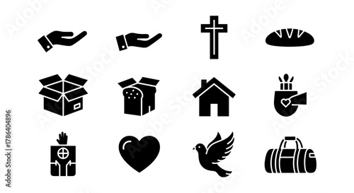 Silhouette icons of charity, faith, and community essentials