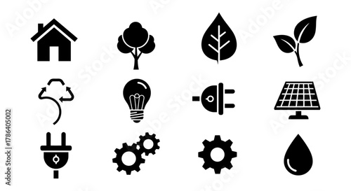 Eco-friendly icons: energy, sustainability, and nature concepts in black silhouette design